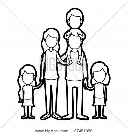 caricature thick contour faceless group family parents with boy on his back and daugthers taken hands vector illustration