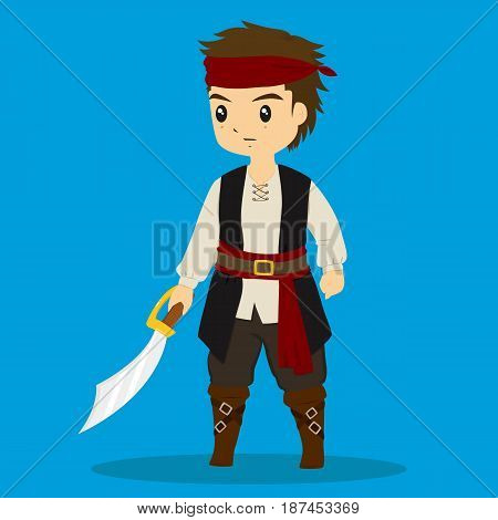 a boy wearing pirate costume and holding a pirate sword
