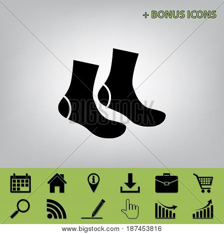 Socks sign. Vector. Black icon at gray background with bonus icons at celery ones