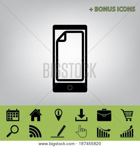 Protective sticker on the screen. Vector. Black icon at gray background with bonus icons at celery ones
