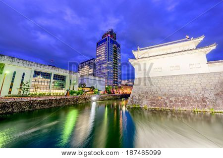Shizuoka City, Japan at Sumpu Castle and cityscape.