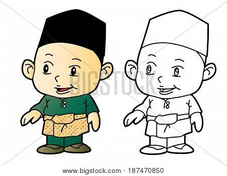 Coloring Melayu Muslim Boy - Vector Illustration