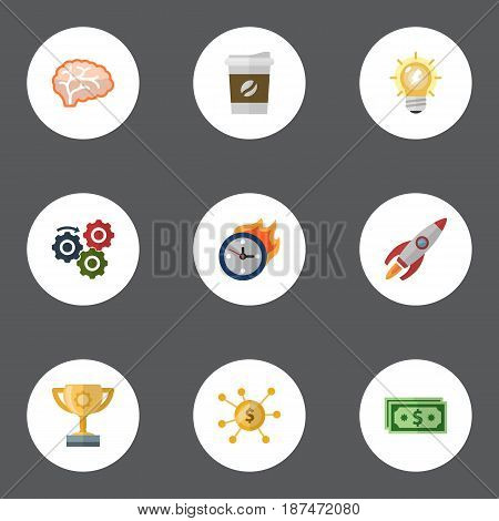 Flat Break, Arise, Incentive And Other Vector Elements. Set Of Projects Flat Symbols Also Includes Gear, Motivation, Cash Objects.