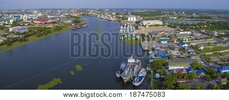 aerial view of tha chin river samuth sakorn province outskirt of bangkok thailand