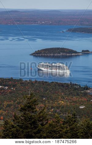 BAR HARBOR- OCTOBER 11 : Regal Princess view from Cadilacv Mountain  a Royal-class cruise ship operated by Princess Cruises is docking in Bar Harbor, USA on October 11, 2016