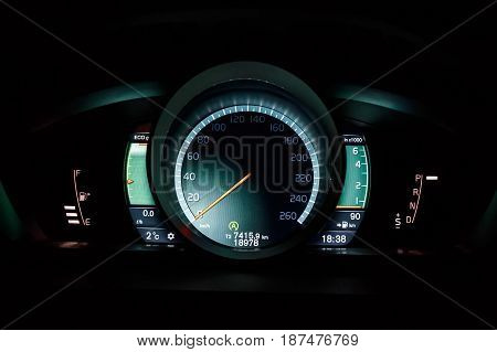 Closeup image of modern electronic spedometer og a car
