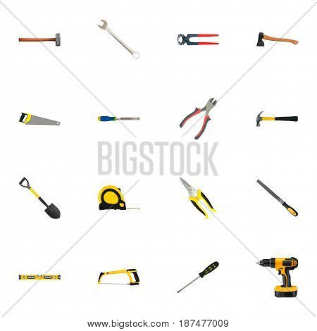 Realistic Spade, Carpenter, Sharpener And Other Vector Elements. Set Of Tools Realistic Symbols Also Includes Pliers, Emery, Wrench Objects.