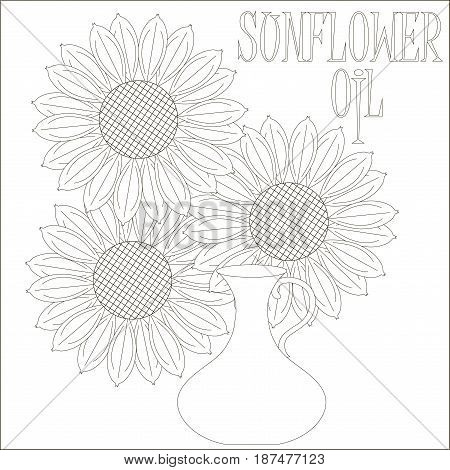 Sketch for product packaging design Sunflower oil, thin black line on white stock vector illustration