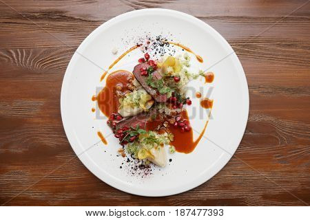 Venison fillet and potato puree, gourmet dish