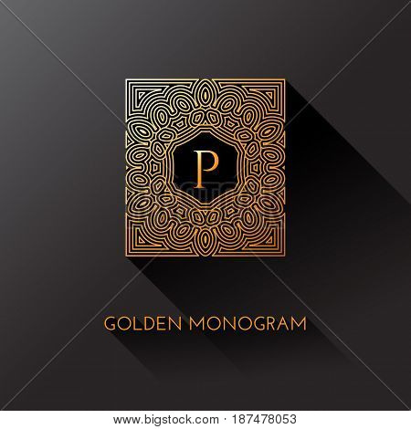 Golden elegant monogram with letter P. Template design for monogram label logo emblem. Vector illustration.