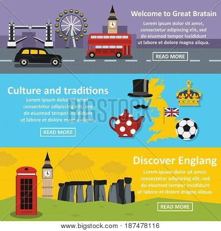England travel banner horizontal concept set. Flat illustration of 3 England travel vector banner horizontal concepts for web