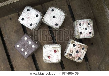 Six wooden dice five of which are white and the remaining one is brown in a wooden crate.