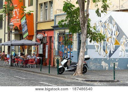 FUNCHALMADEIRA PORTUGAL SEPTEMBER 4 2016: Zone Velha - the oldest district famous for its best restaurants and cafes in Funchal. Madeira Portugal