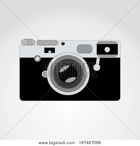 Retro camera or vintage camera in a flat style on a colored background. Old camera with strap. Isolated antique camera.