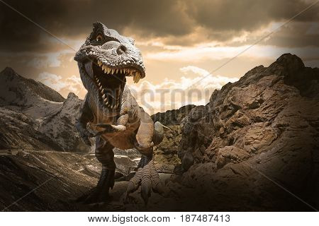 Giant Dinosaur on dry rocky mountain background
