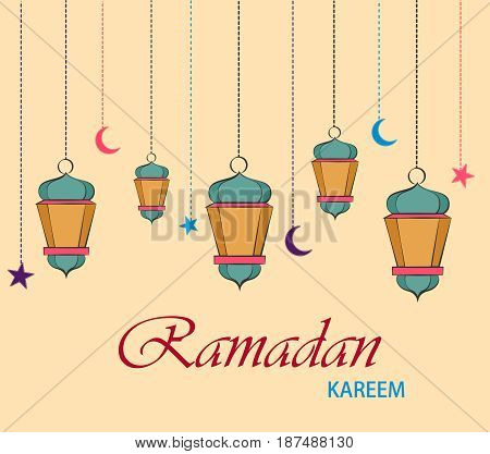 Ramadan Kareem greeting card for holiday. Hanging lanterns stars and moons. Colored vector illustration. Muslim traditional festival.