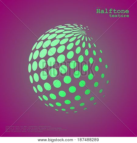Abstract halftone sphere in green color isolated over the center of complement color background and with example of text, created for business advertising, presentation, logo, web
