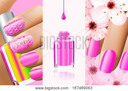 Colorful pink collection of nail designs for summer and spring. Vector 3d illustration. Nailpolish lacquer ads, nail polish splatter on white background. Manicure vogue ads for design.