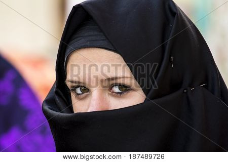 CAGLIARI, ITALY - MAY 1, 2017: 361 Religious procession of Sant'Efisio - portrait of a beautiful girl in traditional Sardinian costume - Sardinia