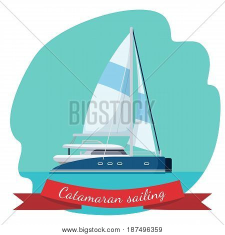 Catamaran sailing boat with canvas vector illustration isolated in blue circle. Traveling by sea concept. Modern yacht realistic design