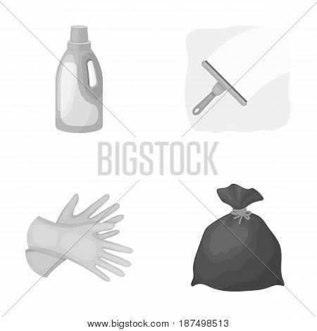 Gel for washing in a pink bottle, yellow gloves for cleaning, a brush for glass, a black bag for garbage or waste. Cleaning set collection icons in monochrome style vector symbol stock illustration .