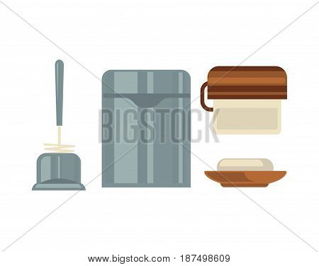 Washroom common sanitary attributes vector illustrations set. Metal trash bin, convenient plunger, simple soap dish and wall toilet paper holder in grey and brown colors isolated on white background.