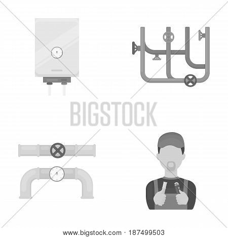 Boiler, plumber, ventils and pipes.Plumbing set collection icons in monochrome style vector symbol stock illustration .