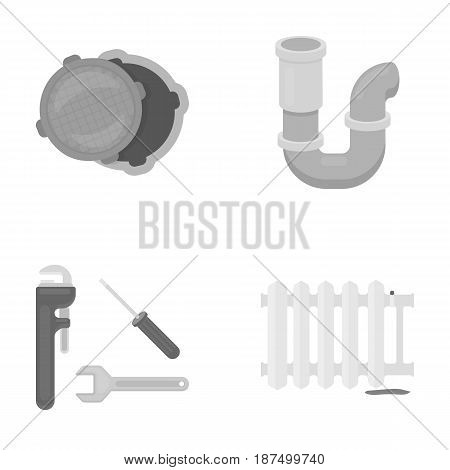 Sewage hatch, tool, radiator.Plumbing set collection icons in monochrome style vector symbol stock illustration .
