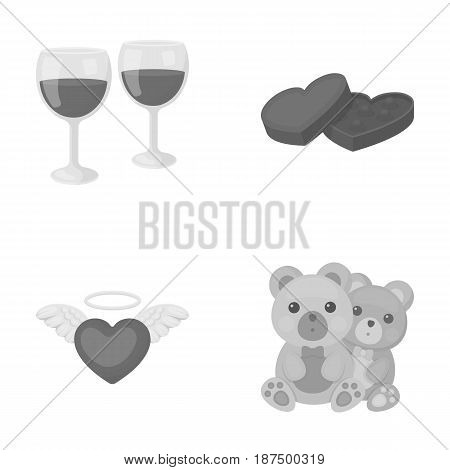 Glasses with wine, chocolate hearts, bears, valentine.Romantik set collection icons in monochrome style vector symbol stock illustration .