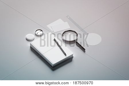 Book presentation design mock up elements 3d rendering. Blank objects mockups bookish store presenting template. Bookshop branding identity set. Empty wobbler business cards pin textbook.