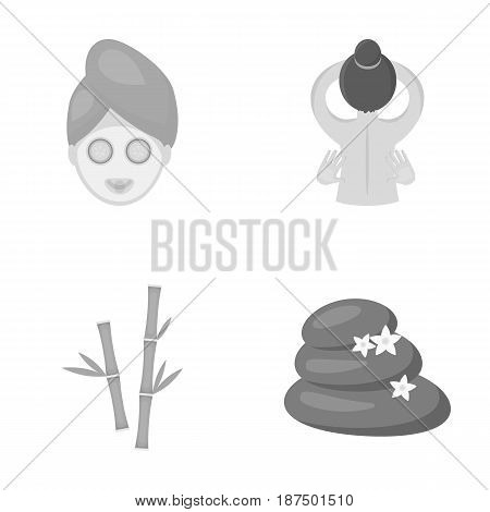 Face with a cosmetic mask with cucumbers, massage hands, bamboo, stones with lotus flowers. Spa set collection icons in monochrome style vector symbol stock illustration .