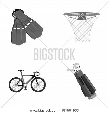 Flippers for swimming, basketball basket, net, racing holograph, golf bag. Sport set collection icons in monochrome style vector symbol stock illustration .