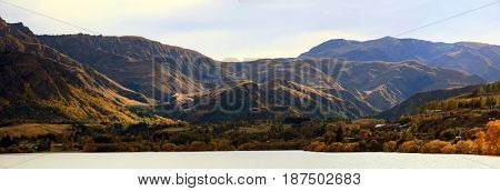 Panorama of Mountain alpine alps range at Lake Hayes Queenstown NewZealand