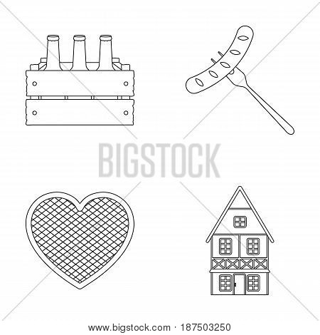 Box with beer, fried sausage, heart of the festival, Bavarian cottage. Oktoberfestset collection icons in monochrome style vector symbol stock illustration .