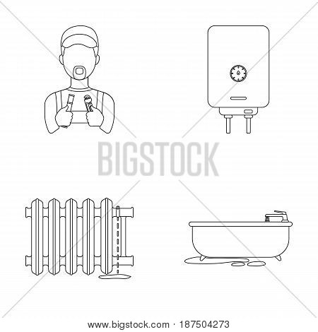 Plumber, boiler and other equipment.Plumbing set collection icons in outline style vector symbol stock illustration .