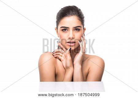 Beautiful Young Woman With Clean Fresh Skin Touch Own Face