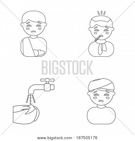 A man with a broken arm in a cast, a patient with a thermometer in his mouth in a scarf, hands under a stream of water, wash, a boy with a bandaged head bandage. Sick set collection icons in outline style vector symbol stock illustration .