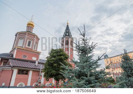 Museum square in the city of Saratov, Russia. Holy Trinity Cathedral and the Building management of the Privolzhsky railway.