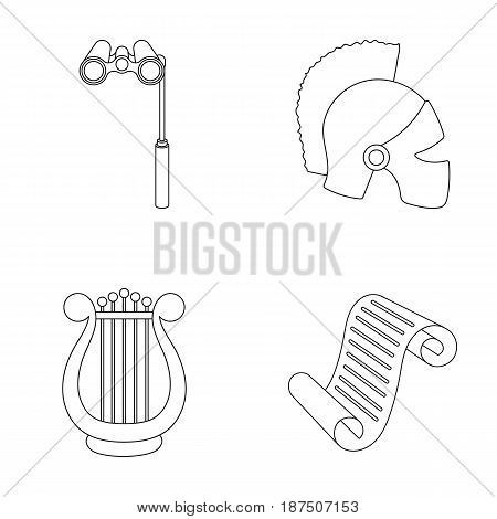 Theatrical binoculars, a helmet, a harp and a paper scroll. The theater set collection icons in outline style vector symbol stock illustration .