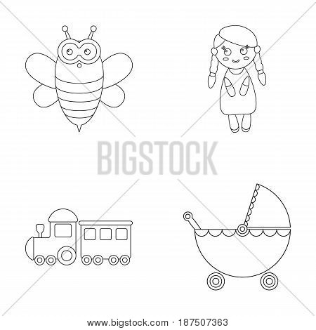 Bee, doll, train, stroller.Toys set collection icons in outline style vector symbol stock illustration .