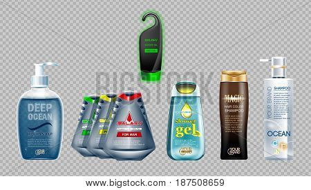Digital vector ocean blue shower gel and soap mockup set, shampoo and shower gel, your brand, ready for design. Realistic style
