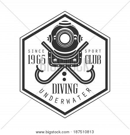 Diving underwater sport club since 1965 vintage logo. Black and white vector Illustration for diver school or club emblem, elements for badge, print, tattoo, label