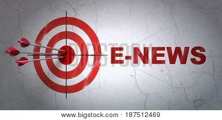 Success news concept: arrows hitting the center of target, Red E-news on wall background, 3D rendering