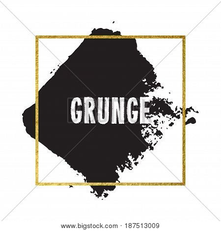 Vector illustration of brush stroke. Hand drawn by black paint grunge texture. Blot of ink with gold frame isolated on white background.
