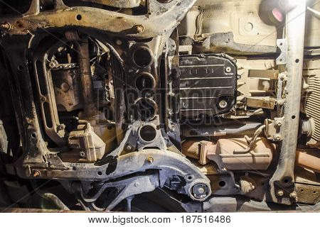 View Of The Car From Below. Autoservice Center. Car Maintenance.