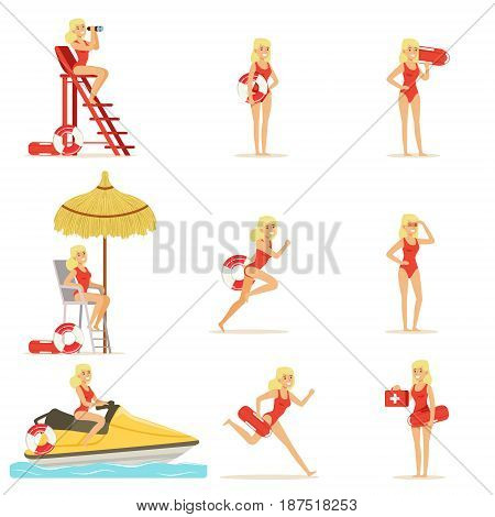 Lifeguard woman character doing his job. Water rescue vector Illustrations isolated on a white background