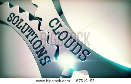 Clouds Solutions - Interaction Concept. Clouds Solutions on Mechanism of Shiny Metal Cog Gears with Glow Effect and Lens Flare - Enterprises Concept. 3D Illustration .
