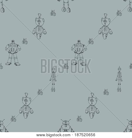 Seamless vector ounline robots doodle pattern. The concept of science and the future. Cartoon style. Hand-drawn illustration. Monochrome grey background