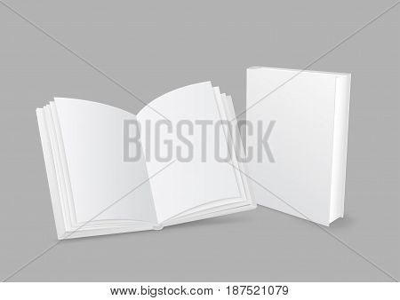 Standing closed and open white paper books with shadow on gray background. Empty cover template. Education literature symbol. Author writer show product