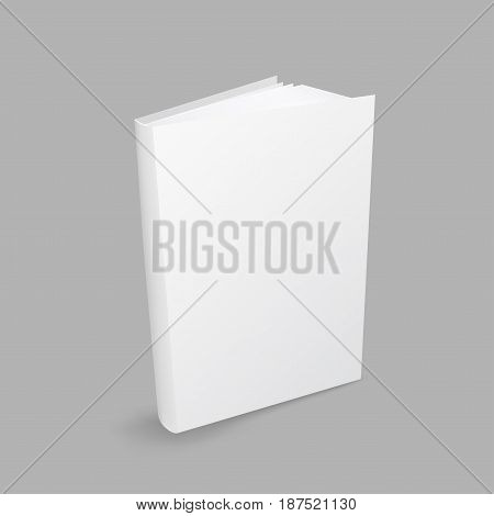 Standing closed white book with shadow on gray background. Empty cover template. Education literature symbol. Author writer show product